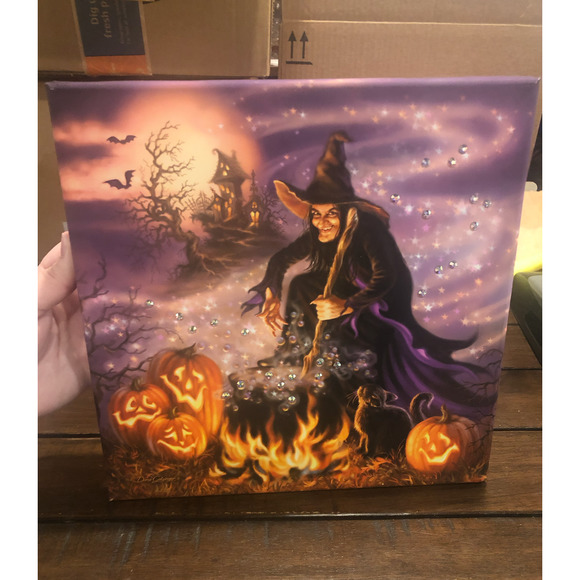 NEW WITCH BEADAZZLED All Hallow's Eve Print Framed Halloween Wall Decor - Picture 4 of 12